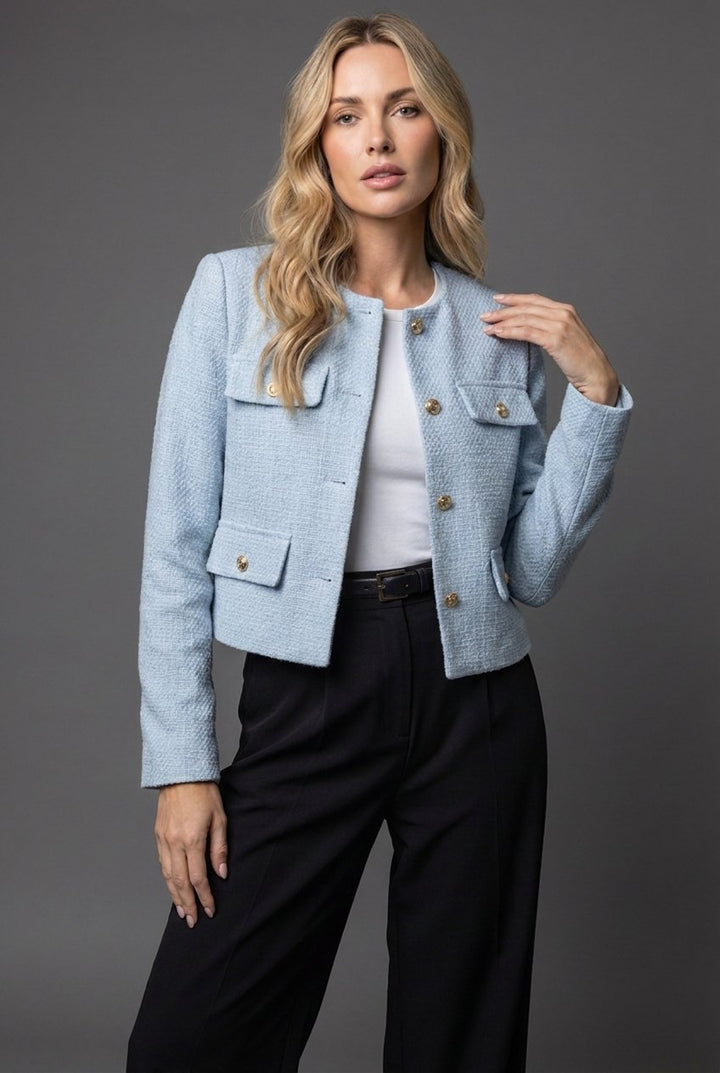 Women's cropped blazer in soft tweed featuring elegant round neck design and stylish gold buttons, perfect for sophisticated outfits. 0