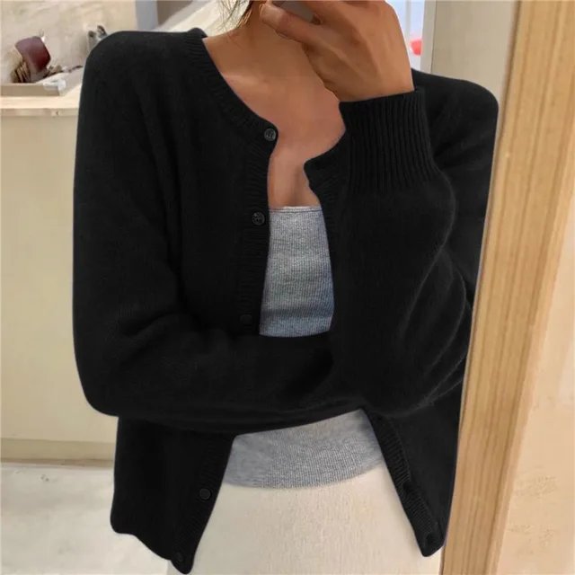 Women's cropped cardigan in black with button front, featuring a soft knit texture and relaxed fit, perfect for casual layering. 1