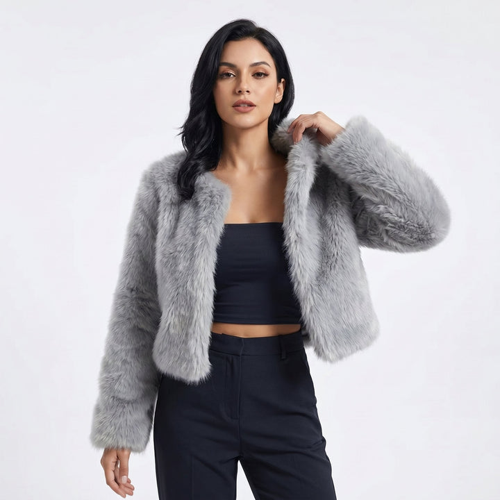 Women's cropped faux fur cardigan jacket featuring a soft texture and modern silhouette, perfect for stylish layering in cooler weather. 0