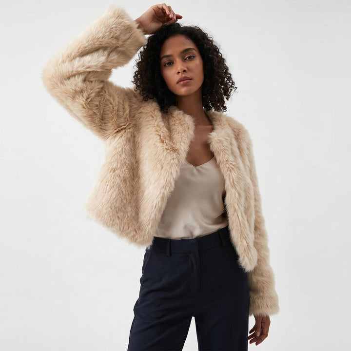 Women's cropped faux fur cardigan jacket featuring a soft texture and modern silhouette, perfect for stylish layering in cooler weather. 4