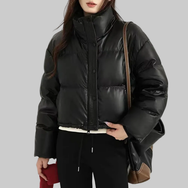 Women’s Cropped Puffer Jacket with Stand Collar
