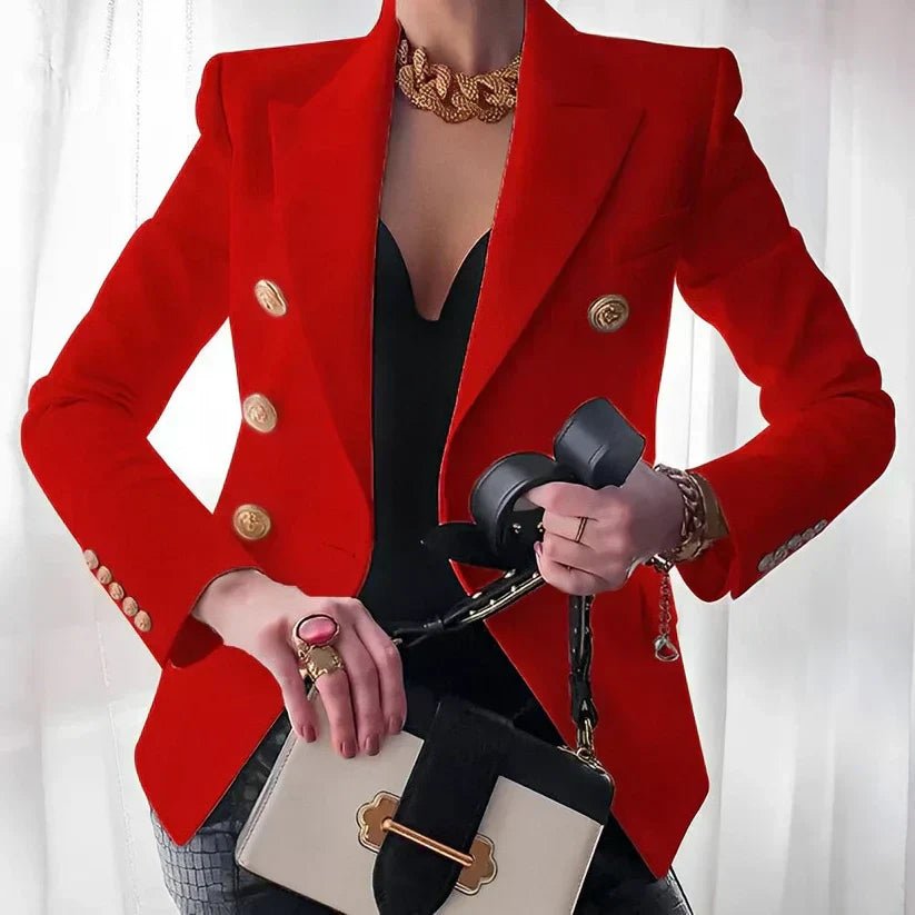 Women's double-breasted blazer featuring gold buttons and a structured fit, available in black and white options, perfect for professional or casual wear. 2