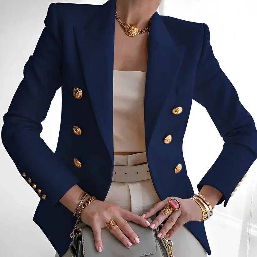 Women's double-breasted blazer featuring gold buttons and a structured fit, available in black and white options, perfect for professional or casual wear. 4