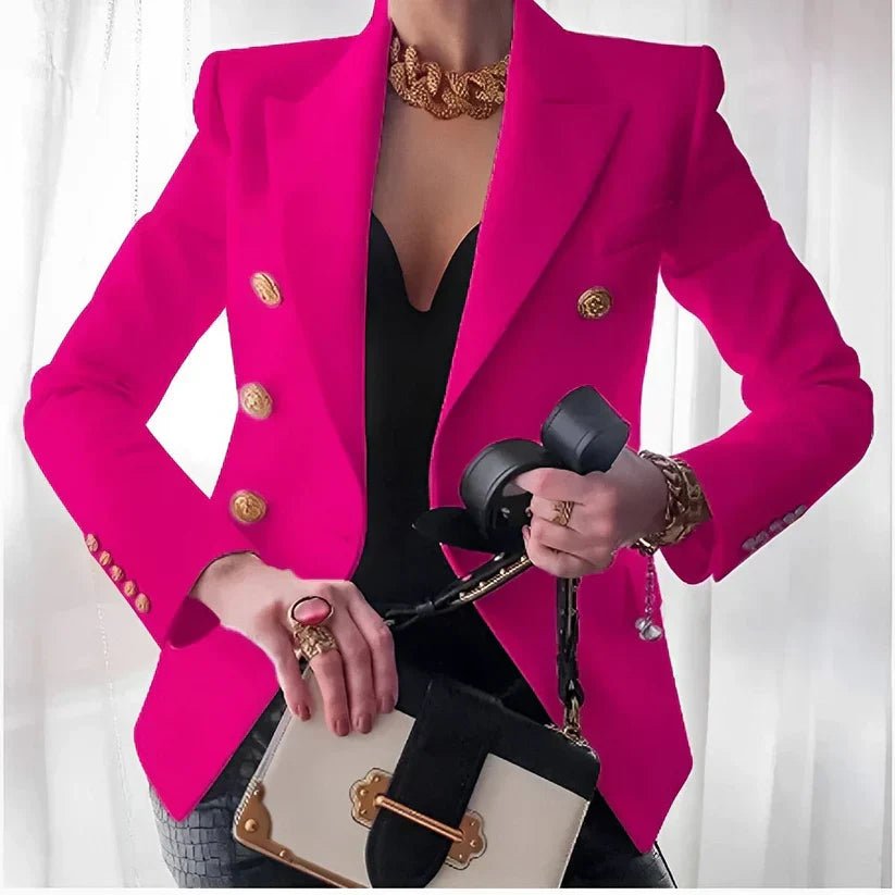 Women's double-breasted blazer featuring gold buttons and a structured fit, available in black and white options, perfect for professional or casual wear. 5