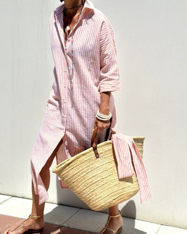 Women's Dress with Button Front Closure and Striped Pattern – Casual Summer Midi Shirt Dress 0