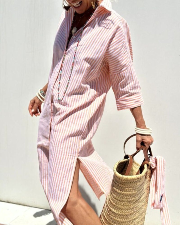 Women's Dress with Button Front Closure and Striped Pattern – Casual Summer Midi Shirt Dress 1