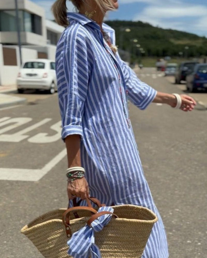 Women's Dress with Button Front Closure and Striped Pattern – Casual Summer Midi Shirt Dress 2