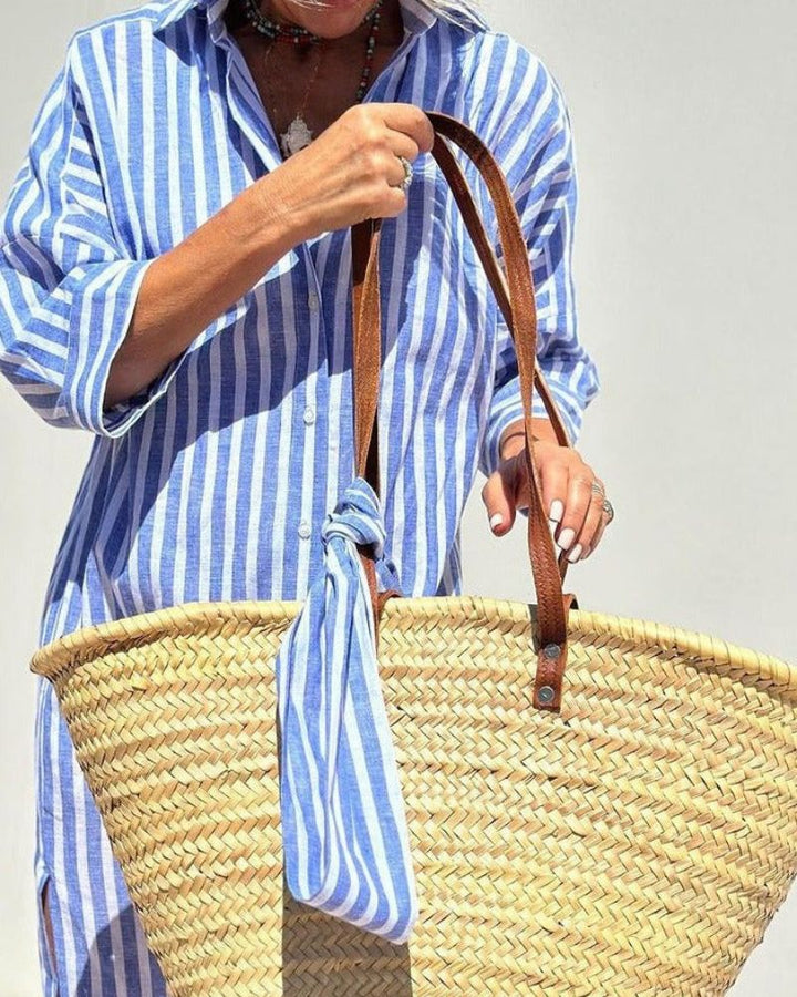 Women's Dress with Button Front Closure and Striped Pattern – Casual Summer Midi Shirt Dress 3