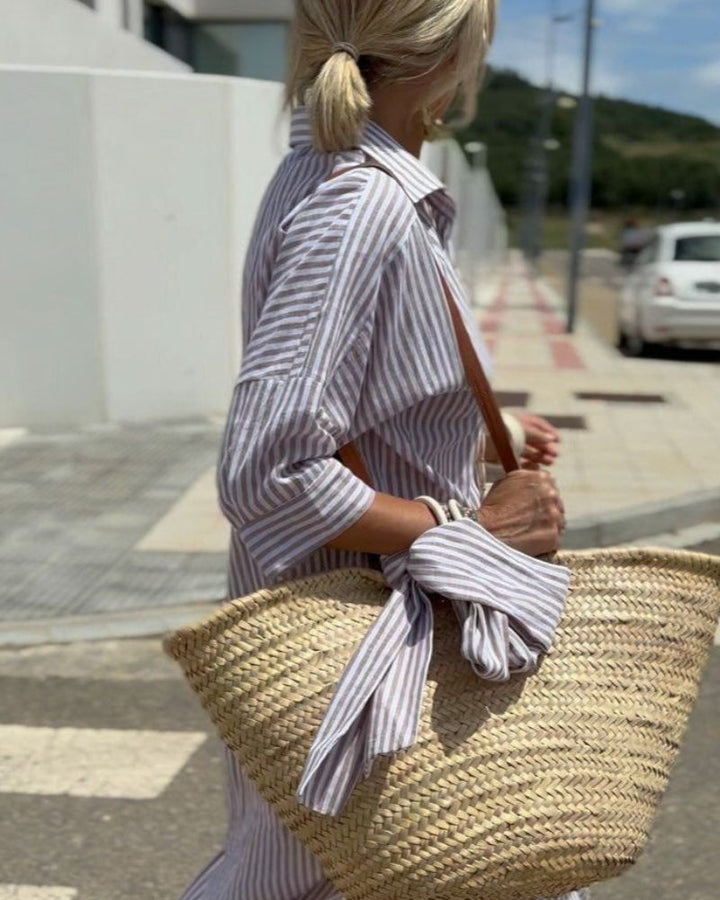 Women's Dress with Button Front Closure and Striped Pattern – Casual Summer Midi Shirt Dress 4