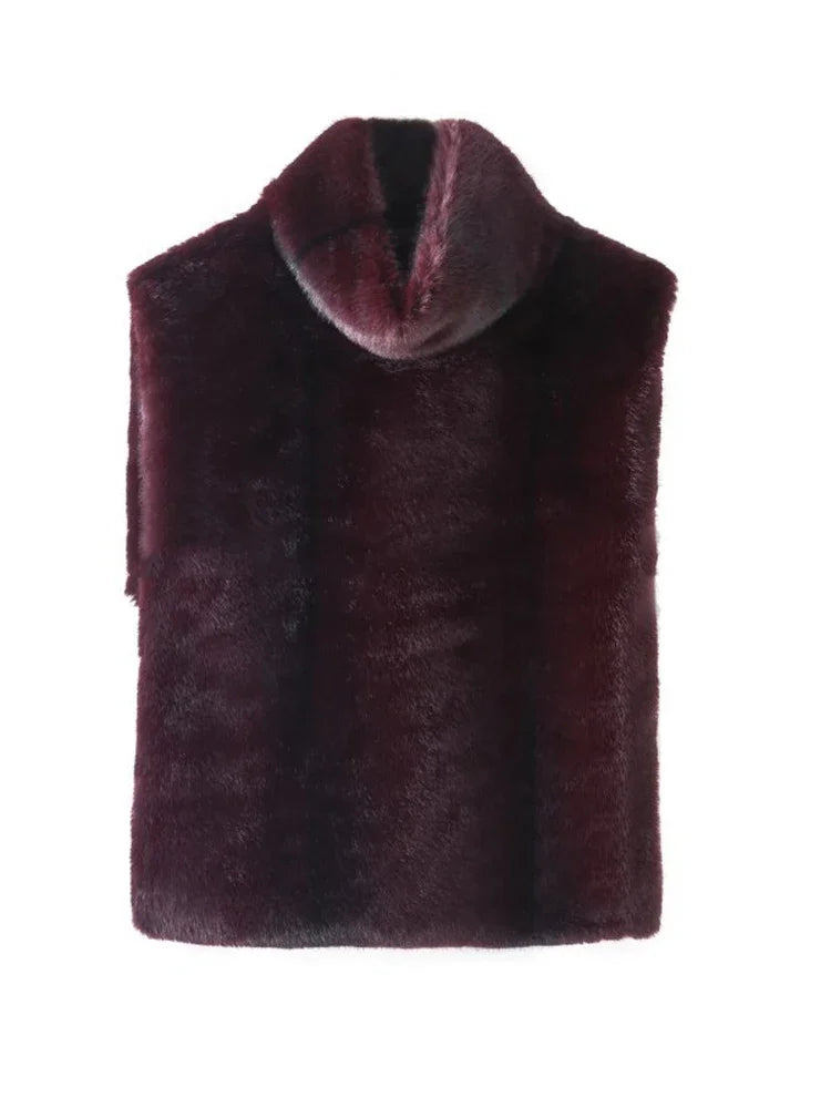 Women's Faux Fur Crop Vest with Turtleneck – Elegant Sleeveless Winter Layering Piece 0
