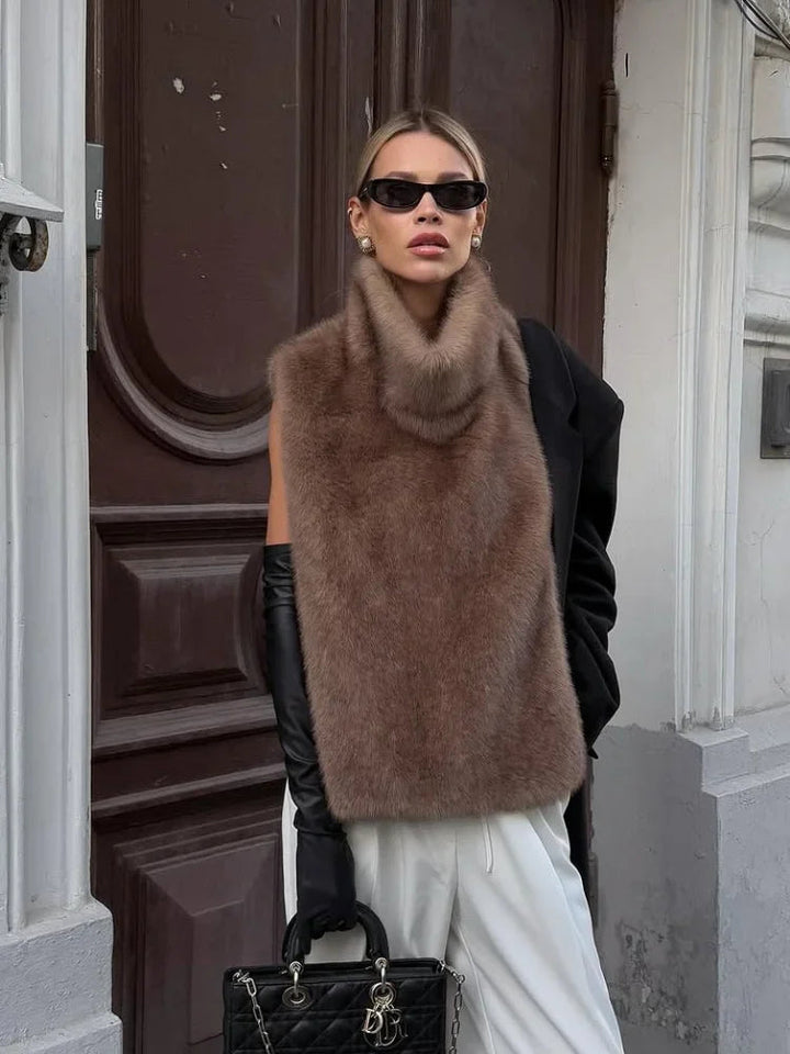 Women's Faux Fur Crop Vest with Turtleneck – Elegant Sleeveless Winter Layering Piece 2