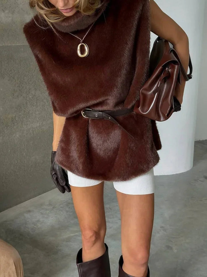 Women's Faux Fur Crop Vest with Turtleneck – Elegant Sleeveless Winter Layering Piece 4