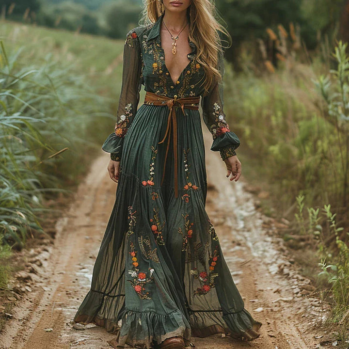 Women's Floral Maxi Dress with Long Sleeves – Elegant Bohemian Style for Summer Occasions 0