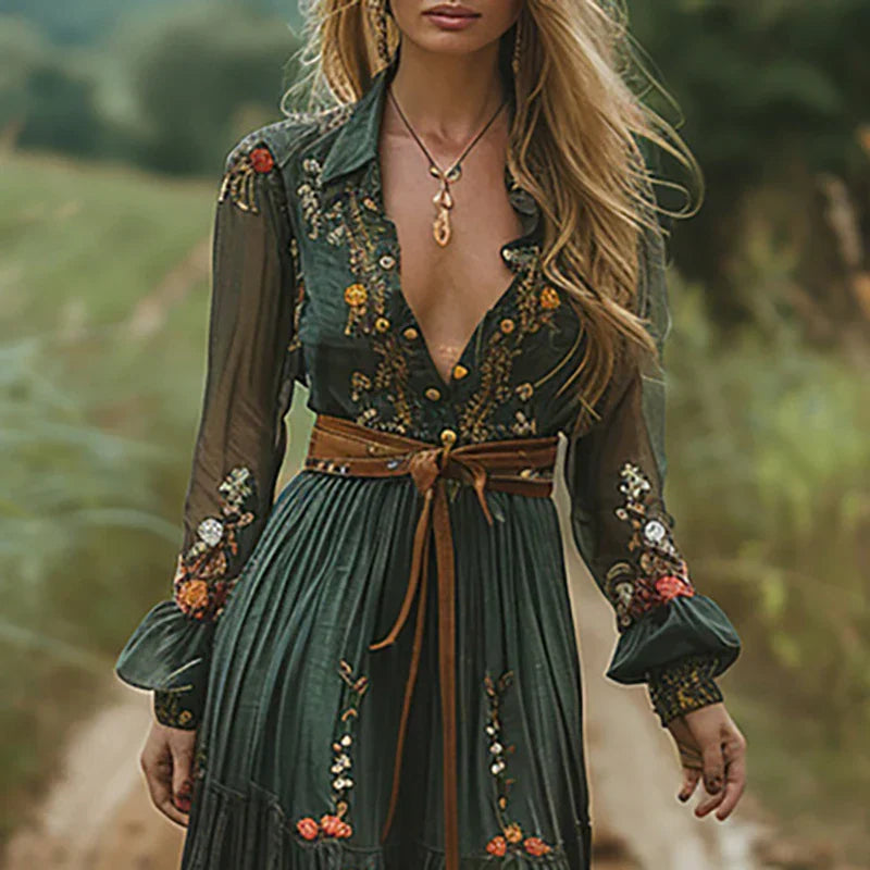 Women's Floral Maxi Dress with Long Sleeves – Elegant Bohemian Style for Summer Occasions 1