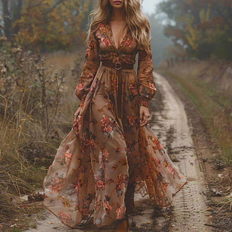 Women's Floral Maxi Dress with Long Sleeves – Elegant Bohemian Style for Summer Occasions 3