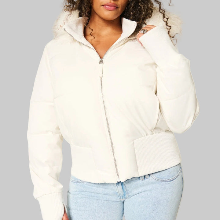 Women’s Hooded Puffer Jacket with Ribbed Hem