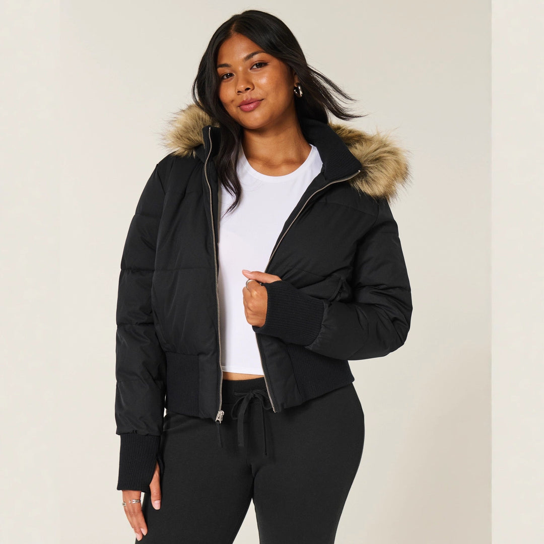 Women’s Hooded Puffer Jacket with Ribbed Hem
