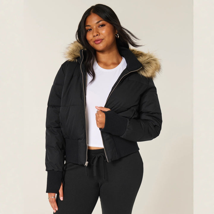 Women’s Hooded Puffer Jacket with Ribbed Hem