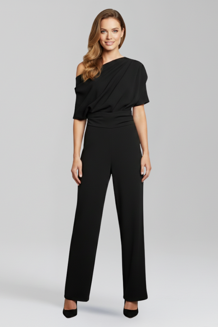 Women's Jumpsuit with Asymmetric Neckline and Wide Leg Trousers – Elegant Black Design for Casual and Formal Wear 0