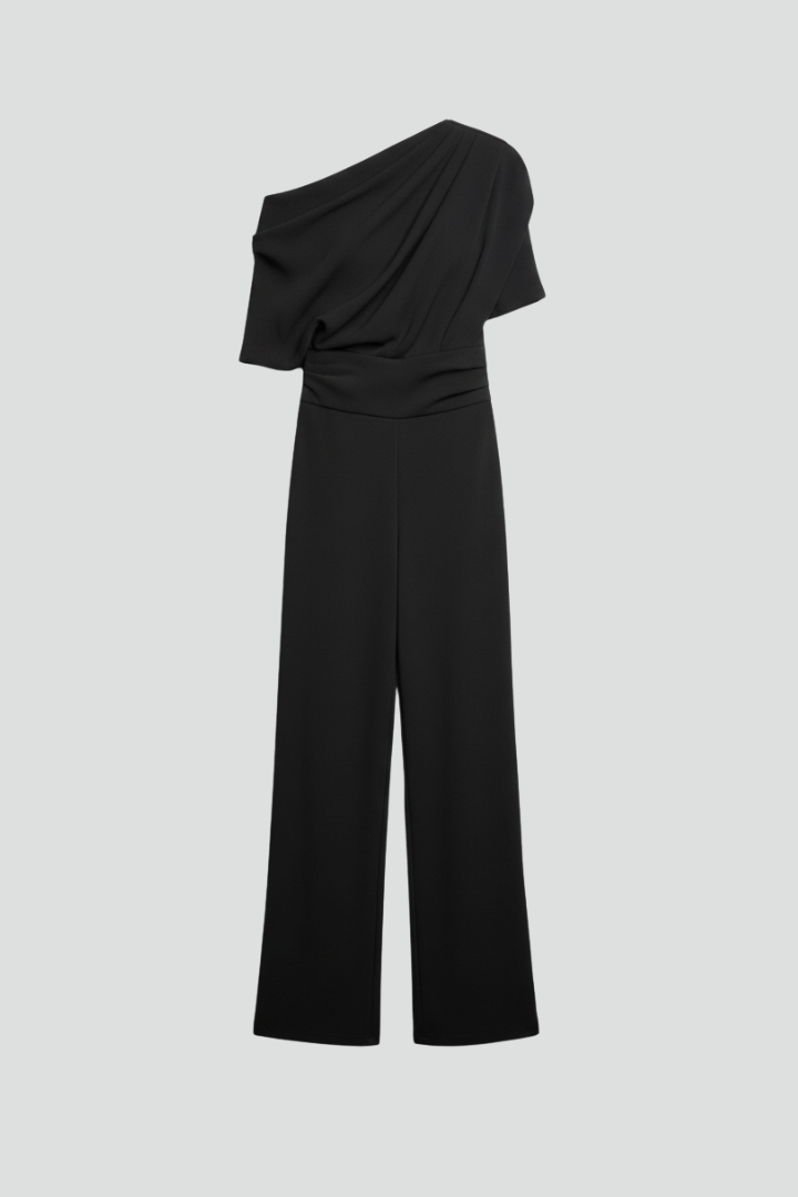 Women's Jumpsuit with Asymmetric Neckline and Wide Leg Trousers – Elegant Black Design for Casual and Formal Wear 1