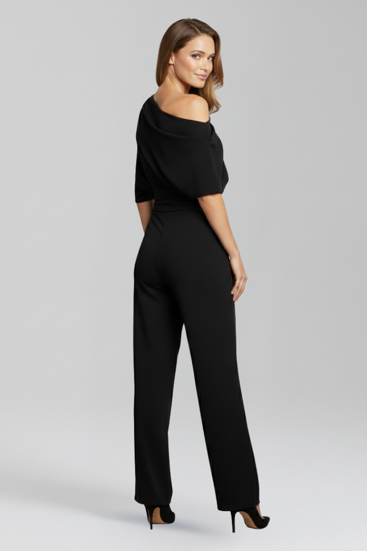 Women's Jumpsuit with Asymmetric Neckline and Wide Leg Trousers – Elegant Black Design for Casual and Formal Wear 2