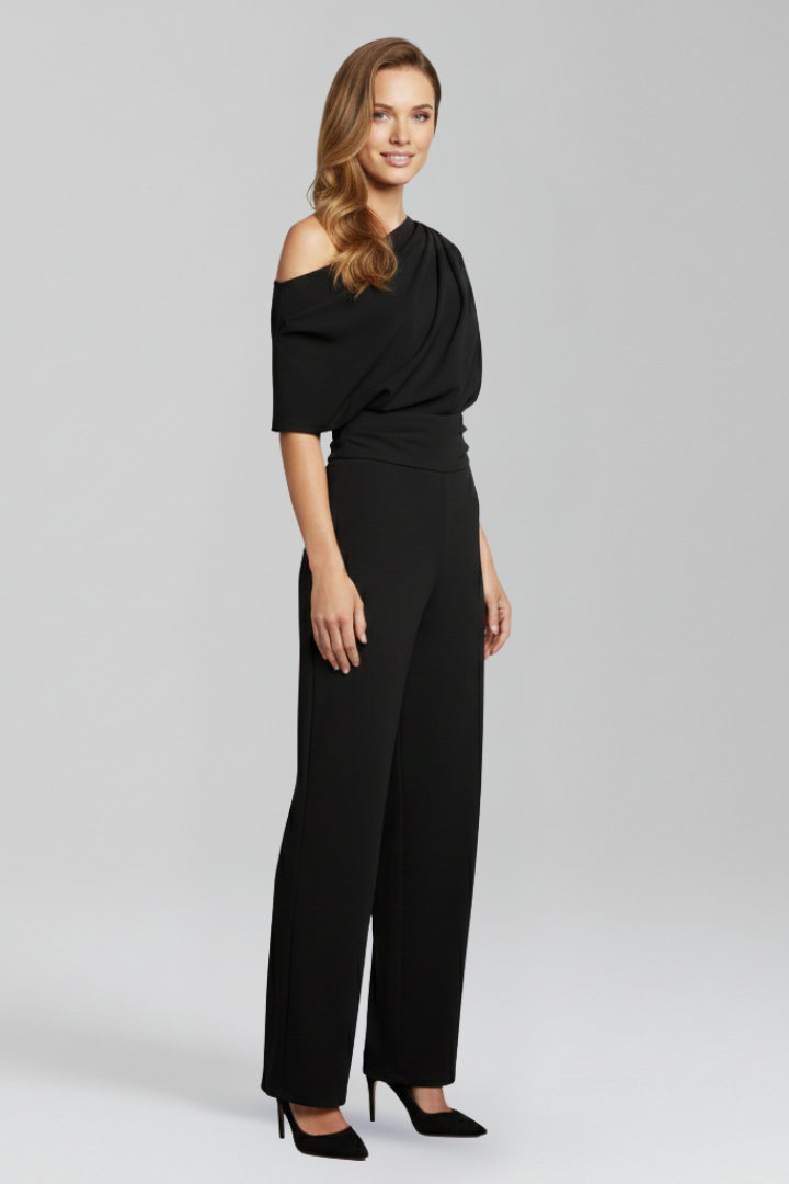 Women's Jumpsuit with Asymmetric Neckline and Wide Leg Trousers – Elegant Black Design for Casual and Formal Wear 3