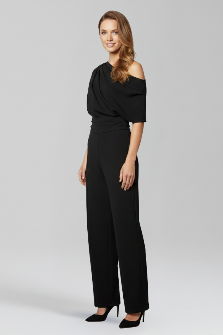 Women's Jumpsuit with Asymmetric Neckline and Wide Leg Trousers – Elegant Black Design for Casual and Formal Wear 4