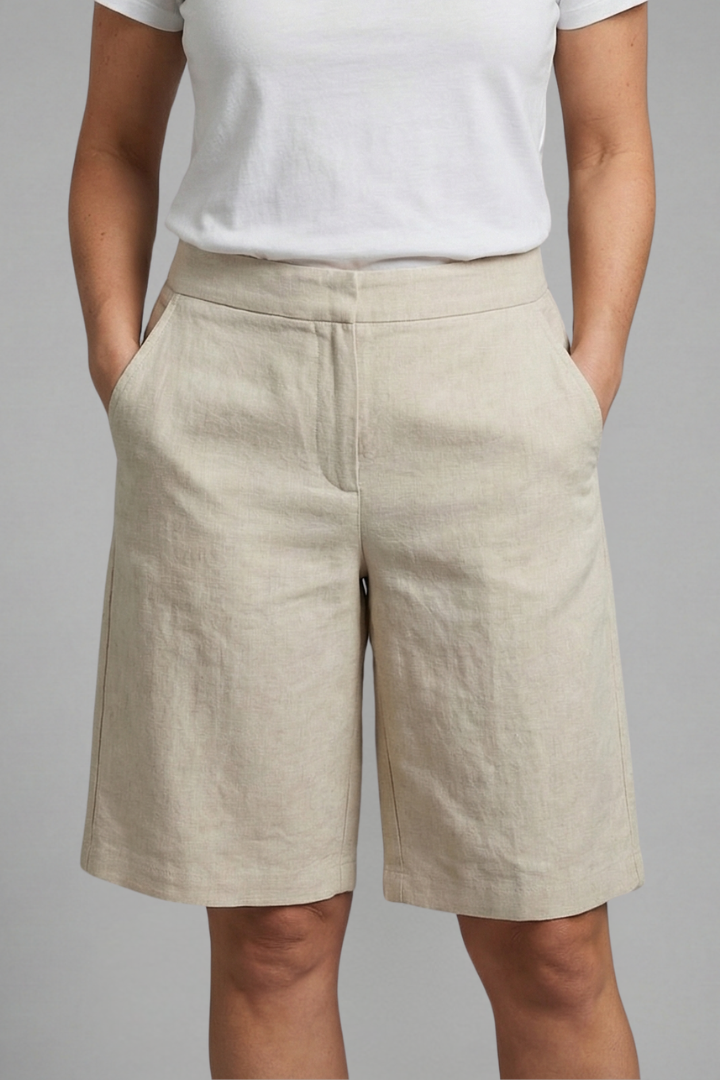 Women's Knee-Length Casual Shorts with Adjustable Elastic Waistband and Pockets - Textured Fabric 0