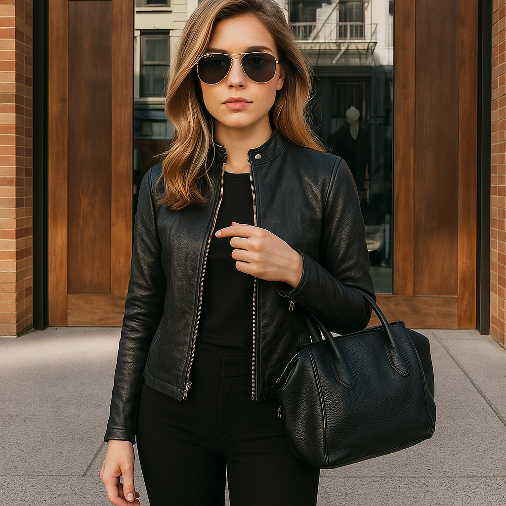 Women's Leather Jacket with Mao Collar and Metal Zipper – Slim Fit Modern Design 10