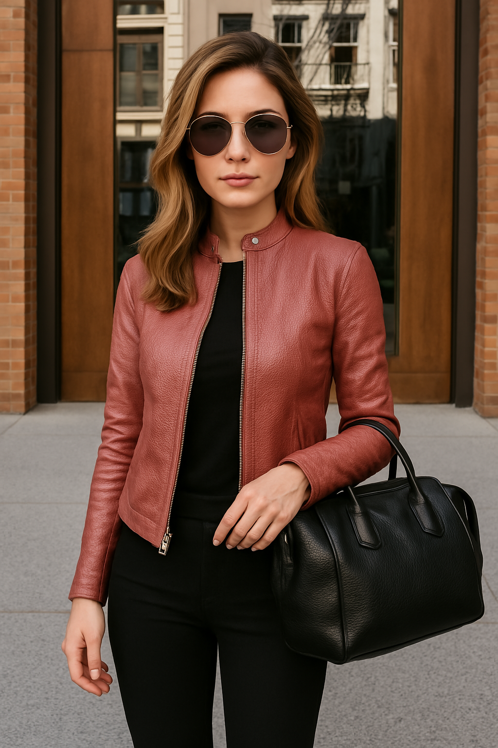 Women's Leather Jacket with Mao Collar and Metal Zipper – Slim Fit Modern Design 11