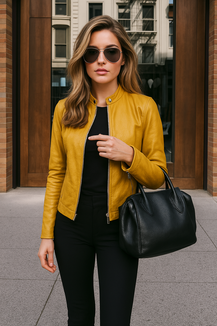 Women's Leather Jacket with Mao Collar and Metal Zipper – Slim Fit Modern Design 3