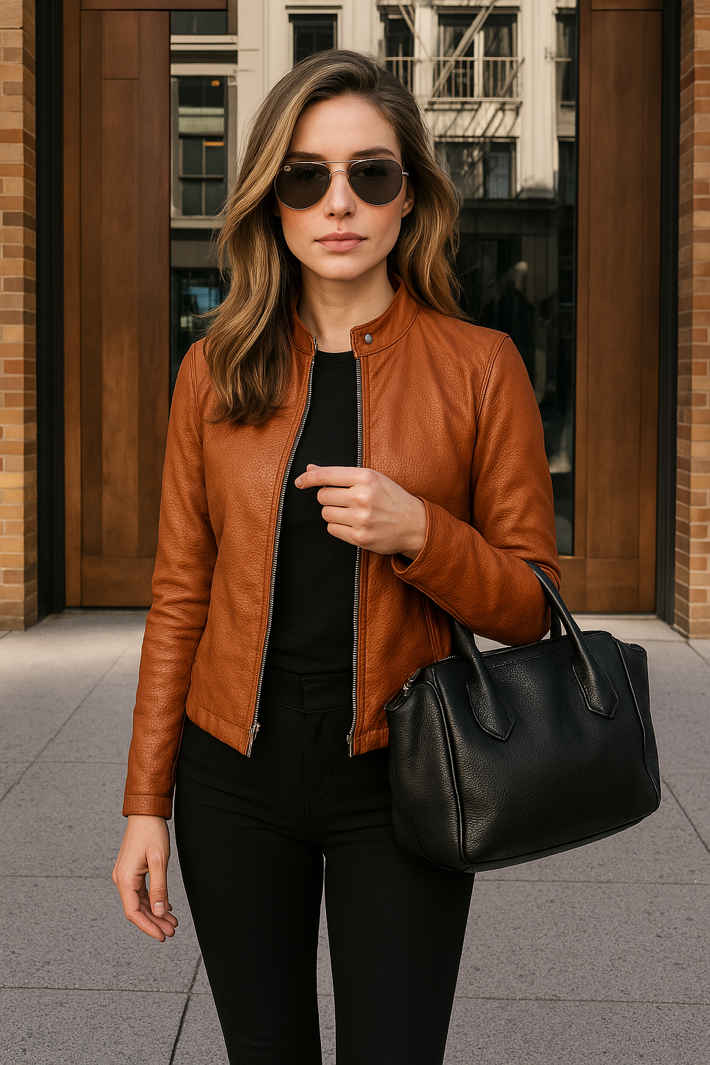 Women's Leather Jacket with Mao Collar and Metal Zipper – Slim Fit Modern Design 9