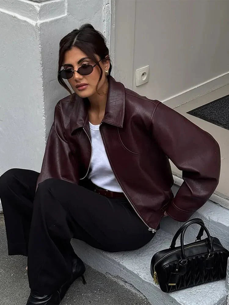 Women's Leather Jacket with Vintage Design – Short Burgundy Style for Casual and Evening Wear 0
