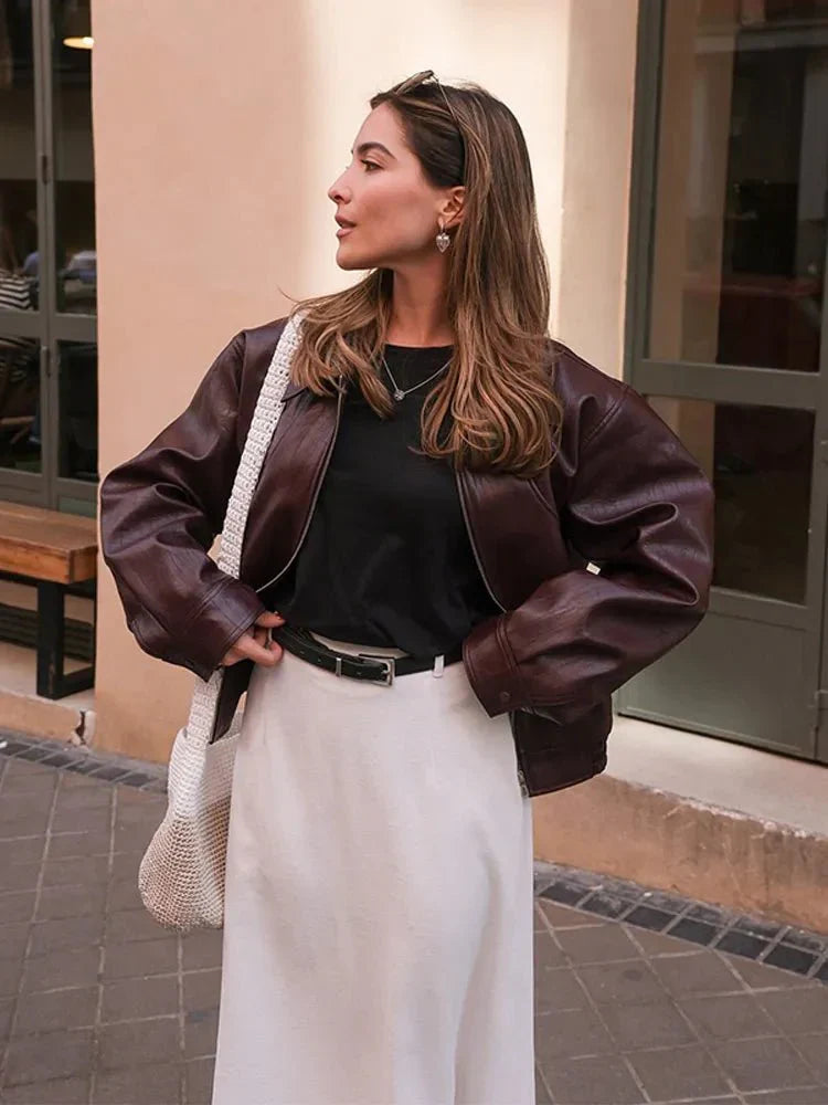 Women's Leather Jacket with Vintage Design – Short Burgundy Style for Casual and Evening Wear 6