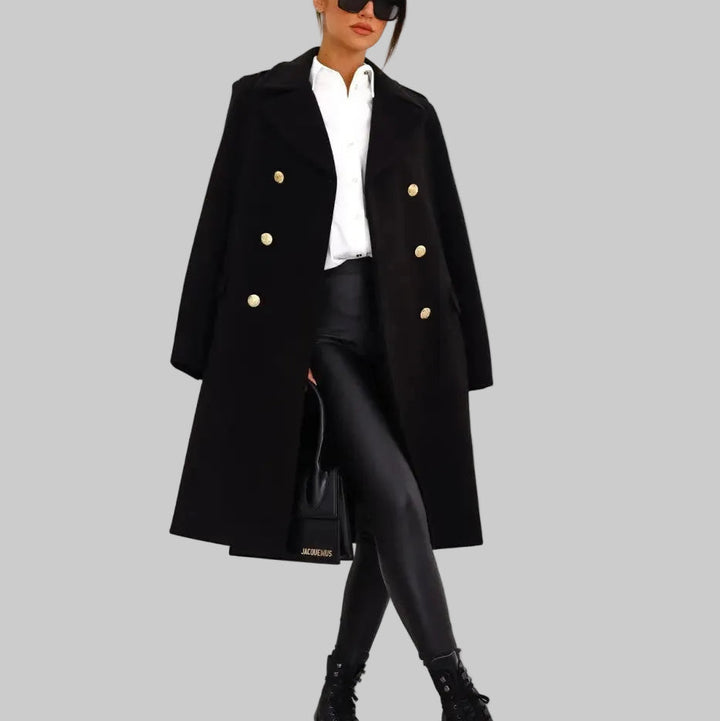 Women’s Long Double-Button Coat with Wide Lapel Collar
