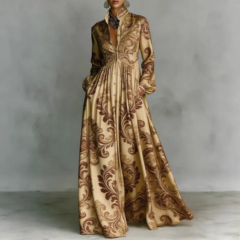 Women's maxi dress featuring a high-waist pleated design and geometric print, complete with long sleeves and a button-front for a stylish and comfortable look. 0