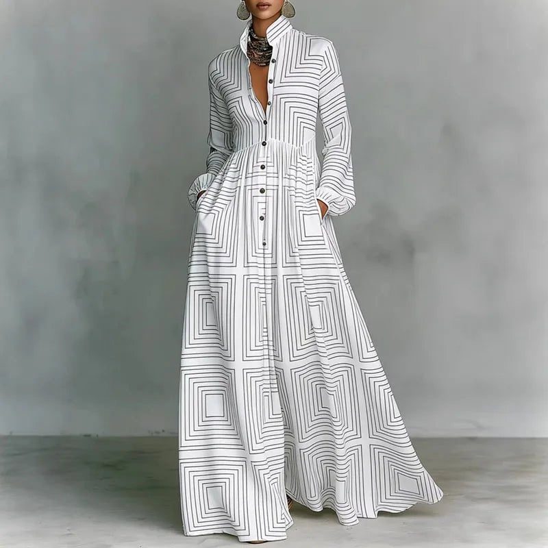 Women's maxi dress featuring a high-waist pleated design and geometric print, complete with long sleeves and a button-front for a stylish and comfortable look. 1