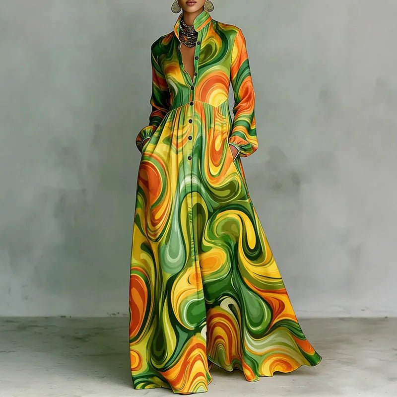 Women's maxi dress featuring a high-waist pleated design and geometric print, complete with long sleeves and a button-front for a stylish and comfortable look. 3