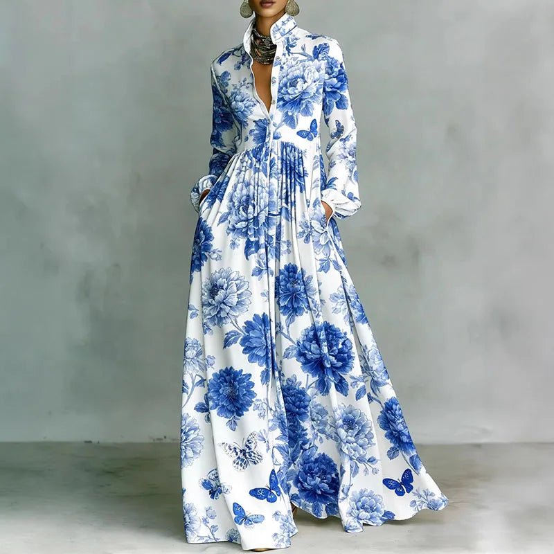 Women's maxi dress featuring a high-waist pleated design and geometric print, complete with long sleeves and a button-front for a stylish and comfortable look. 4