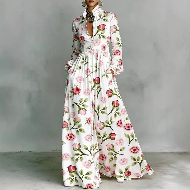 Women's maxi dress featuring a high-waist pleated design and geometric print, complete with long sleeves and a button-front for a stylish and comfortable look. 5