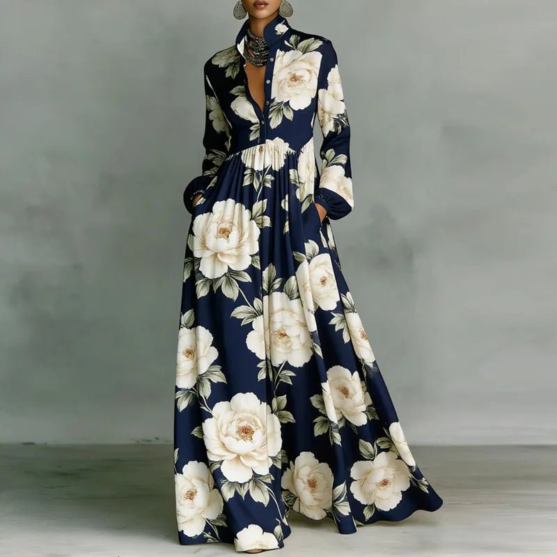 Women's maxi dress featuring a high-waist pleated design and geometric print, complete with long sleeves and a button-front for a stylish and comfortable look. 6