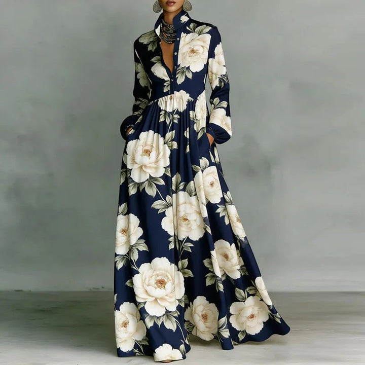 Women's maxi dress featuring a high-waist pleated design and geometric print, complete with long sleeves and a button-front for a stylish and comfortable look. 6