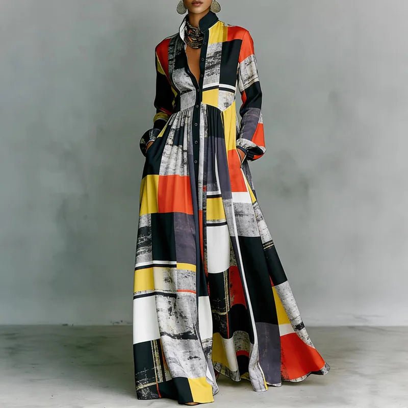 Women's maxi dress featuring a high-waist pleated design and geometric print, complete with long sleeves and a button-front for a stylish and comfortable look. 8