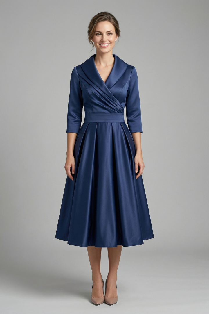Women's Midi Dress with Wrap Neckline and Pleated Skirt – Elegant Long Sleeve Formal Dress 0