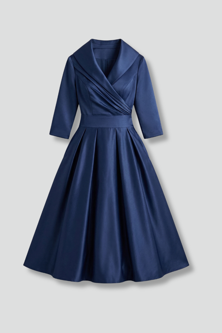 Women's Midi Dress with Wrap Neckline and Pleated Skirt – Elegant Long Sleeve Formal Dress 1