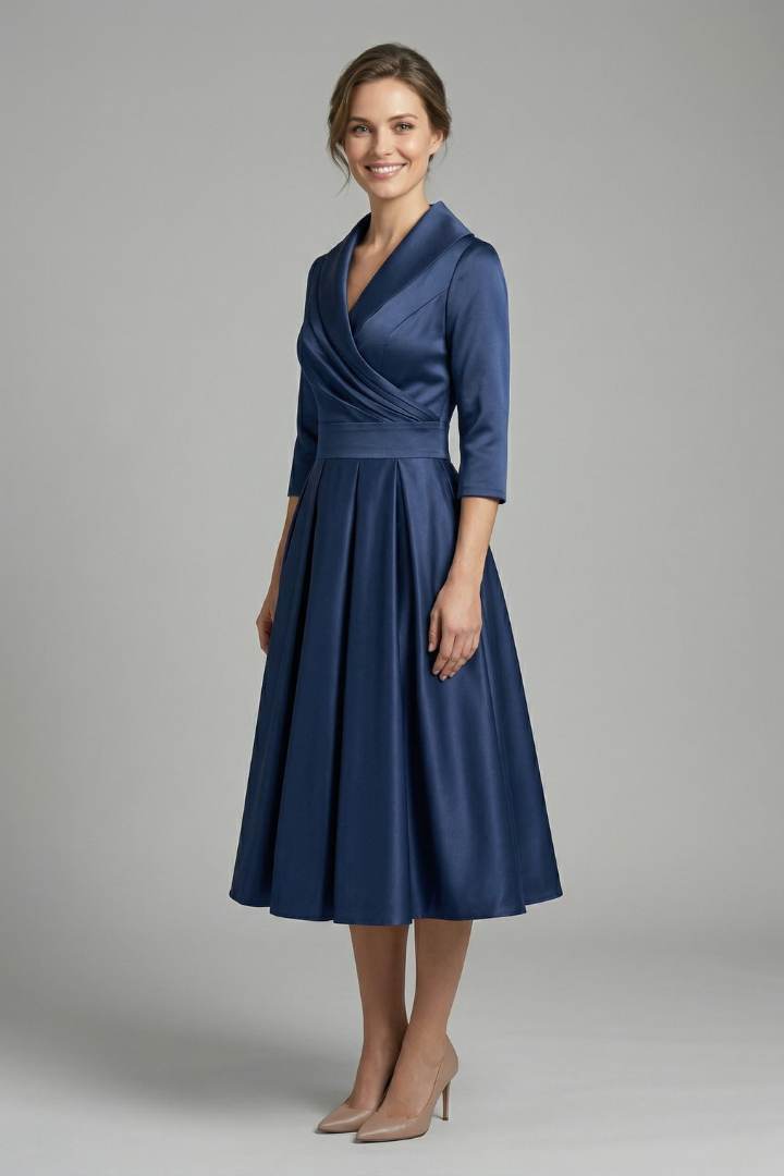 Women's Midi Dress with Wrap Neckline and Pleated Skirt – Elegant Long Sleeve Formal Dress 2