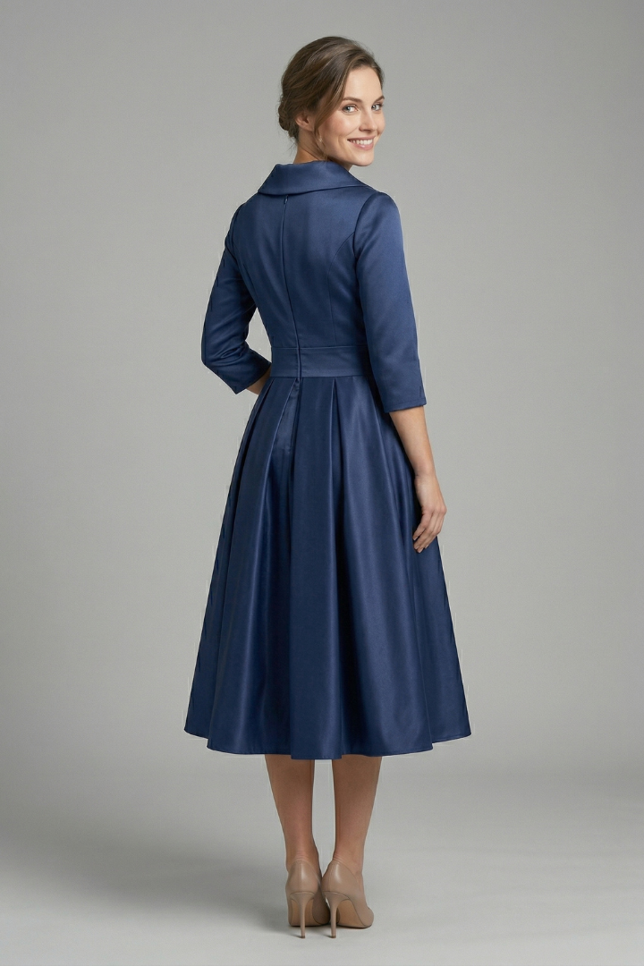 Women's Midi Dress with Wrap Neckline and Pleated Skirt – Elegant Long Sleeve Formal Dress 3