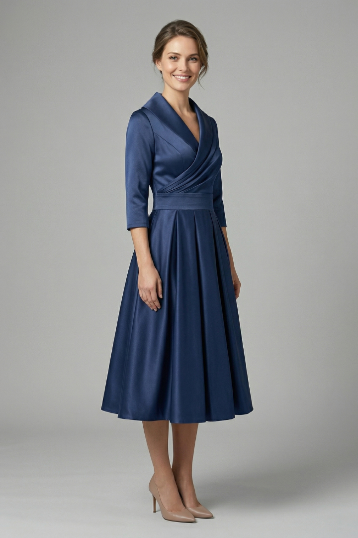 Women's Midi Dress with Wrap Neckline and Pleated Skirt – Elegant Long Sleeve Formal Dress 4