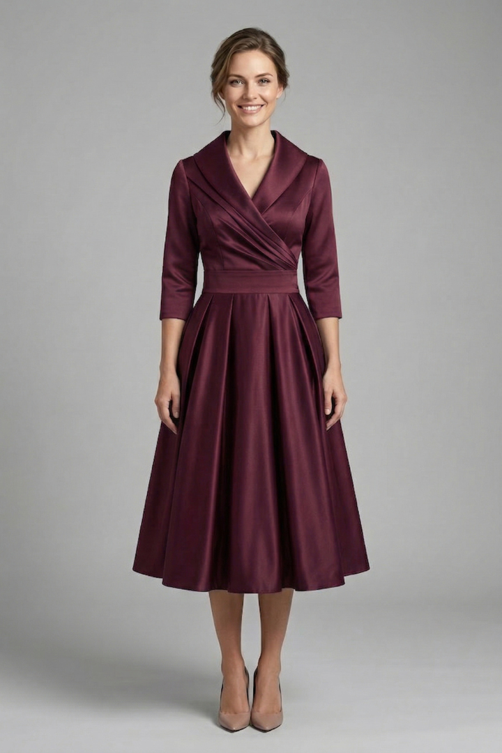 Women's Midi Dress with Wrap Neckline and Pleated Skirt – Elegant Long Sleeve Formal Dress 5