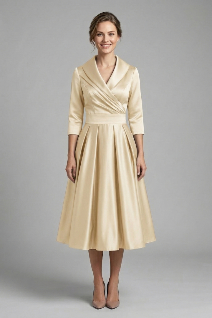 Women's Midi Dress with Wrap Neckline and Pleated Skirt – Elegant Long Sleeve Formal Dress 6